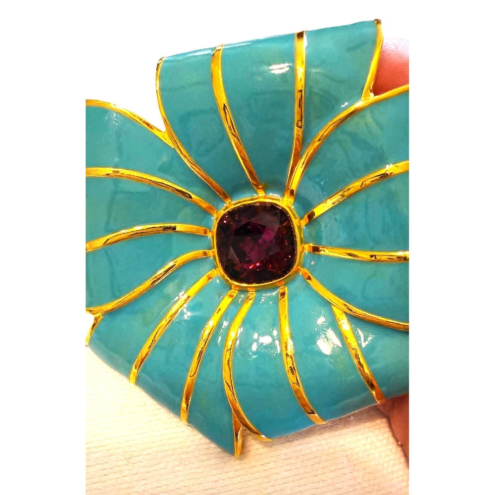 Kenneth Jay Lane Vintage Turquoise Enamel Purple Stone Bold Statement Brooch 80s